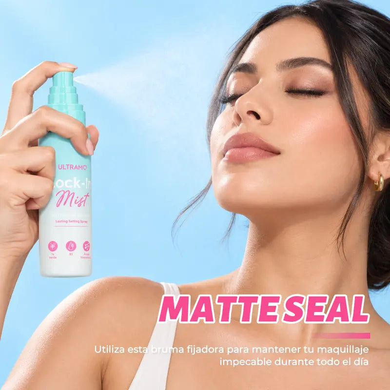Aplicación de spray fijador ULTRAMO FM081 sobre el rostro maquillado