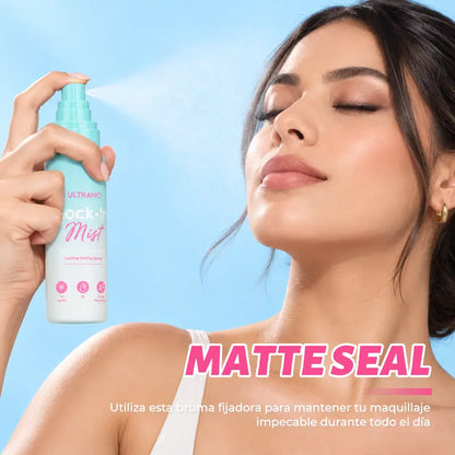 Aplicación de spray fijador ULTRAMO FM081 sobre el rostro maquillado